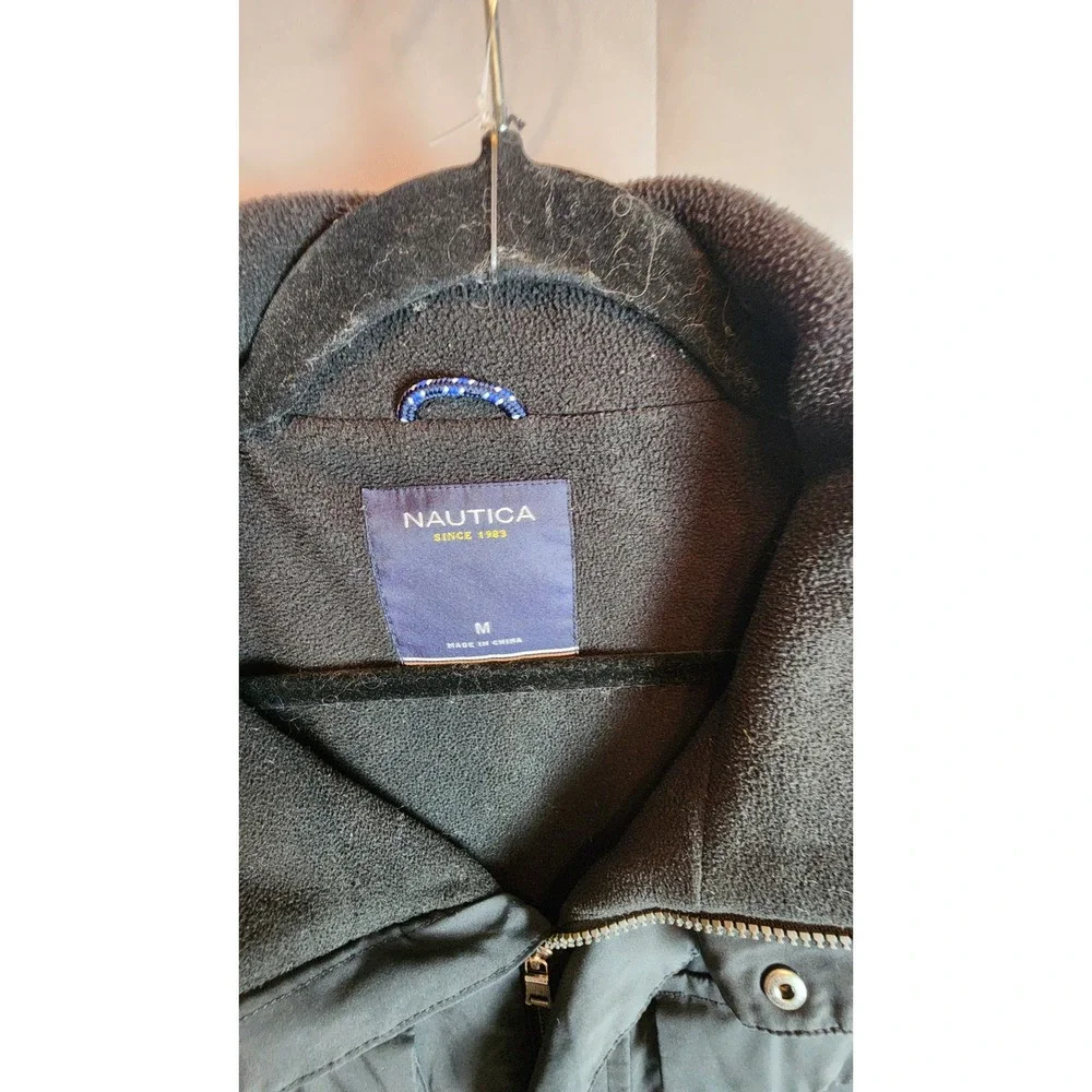 Nautica Mens Black Field Jacket Fleece Lined Collar Utility Cargo Coat Medium